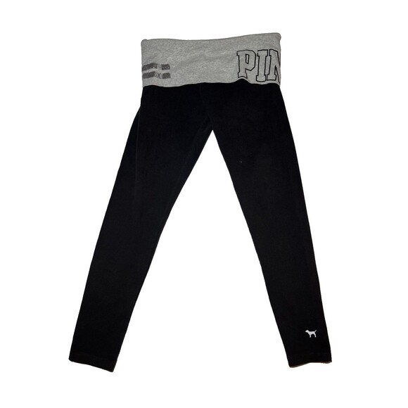 Medium PINK Victoria’s Secret Fold Over Waist Yoga Leggings Black Gray Y2K Rare - Picture 1 of 8